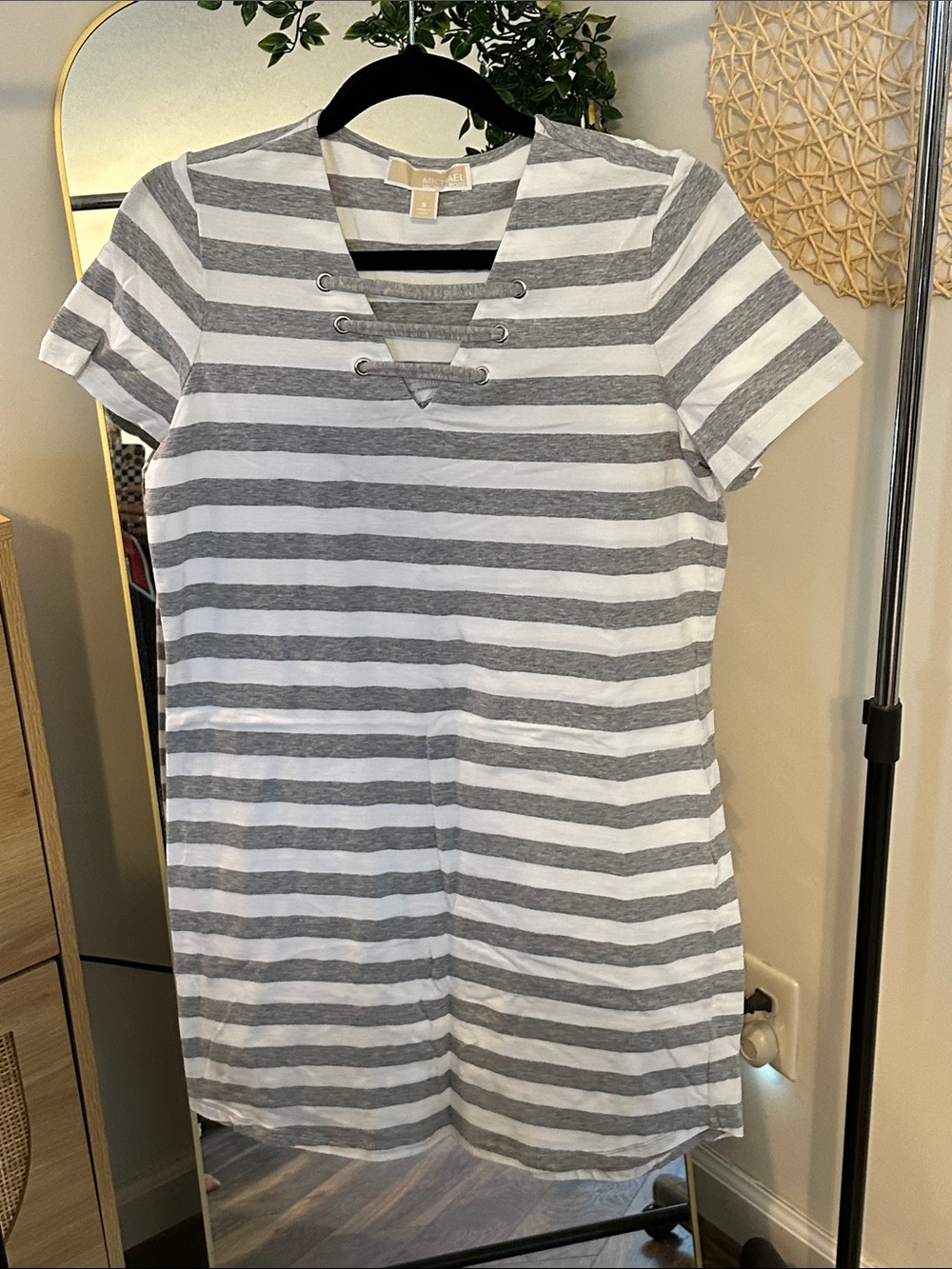 Michael Kors Gray & White Striped Lace-Up Mini Dress